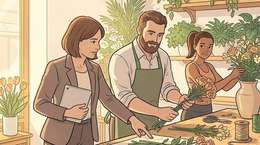 Illustrazione: tre persone diverse allo stesso bancone di un negozio di fiori, guida condivisa alla pari